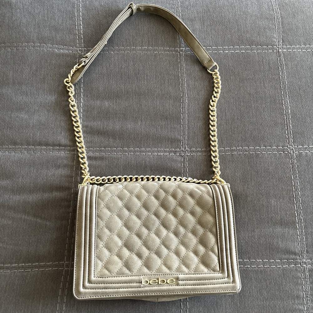 Bebe Gold Quilted Shoulder Bag with Chain Strap